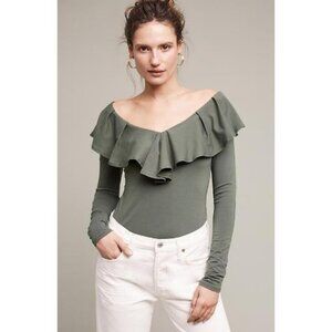 Anthropologie falisi ruffled top blouse cotton green off shoulder SZ L bust 32